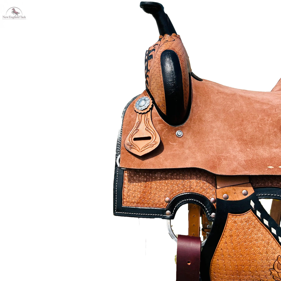 100% Roughout Leather Western Barrel Horse Saddle with Suede Seat, Floral & Basket weave Tooling NewEngland Tack