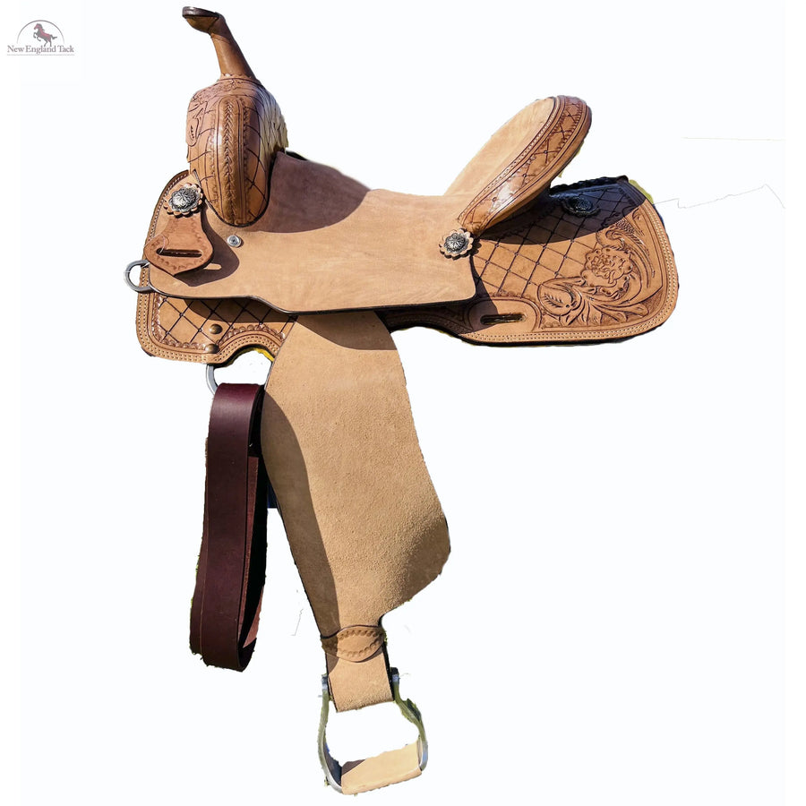 Adult Premium Leather Horse Barrel Saddle with Rough Out Fender and Leaf Tooling NewEngland Tack