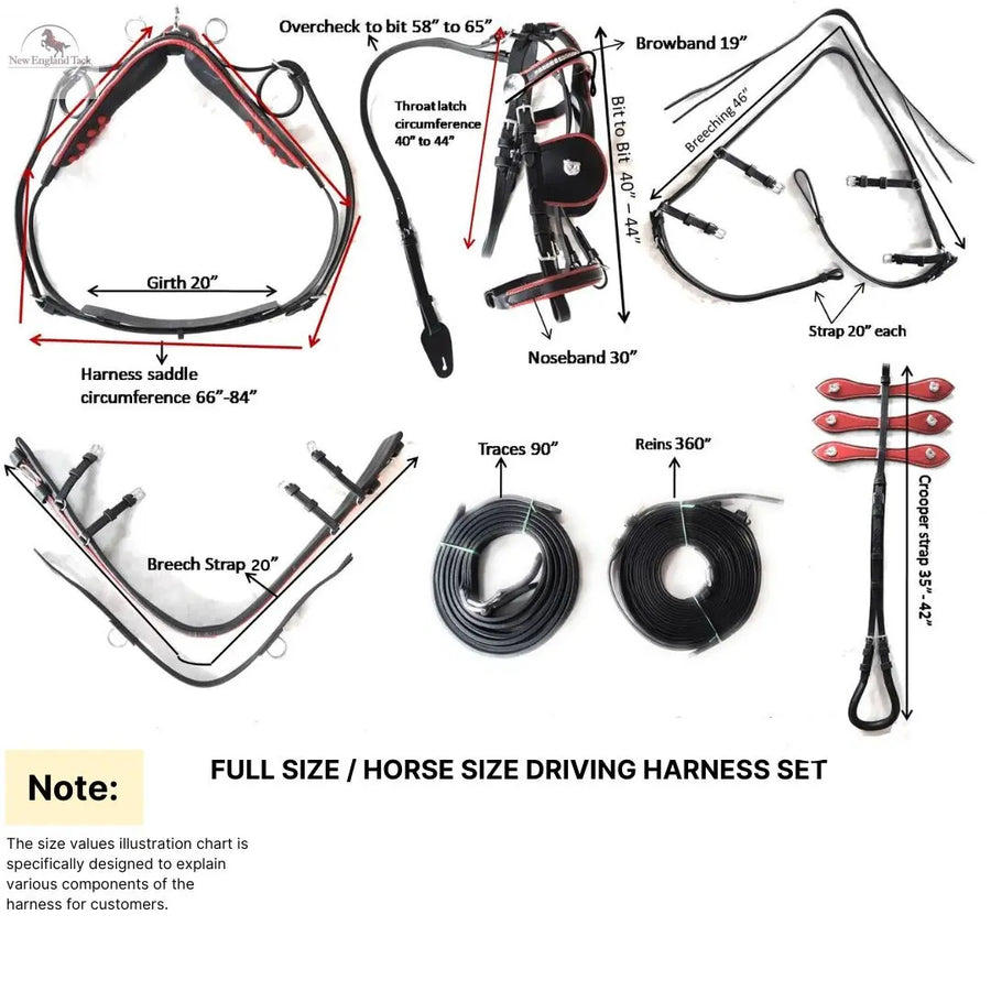 Black Full Size Horse Buffalo Leather Square Stud Browband Driving Harness Set NewEnglandTack