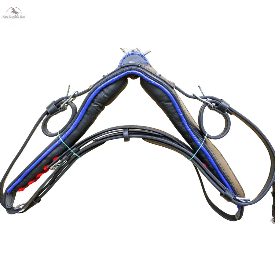 Black Horse Patent Leather Driving Harness Blue Trim Set Available In Miniature Small Pony Cob and Full Horse NewEnglandTack