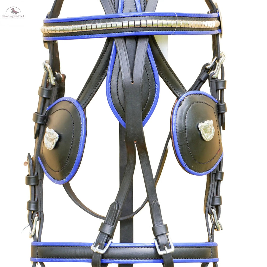 Black Horse Patent Leather Driving Harness Blue Trim Set Available In Miniature Small Pony Cob and Full Horse NewEnglandTack