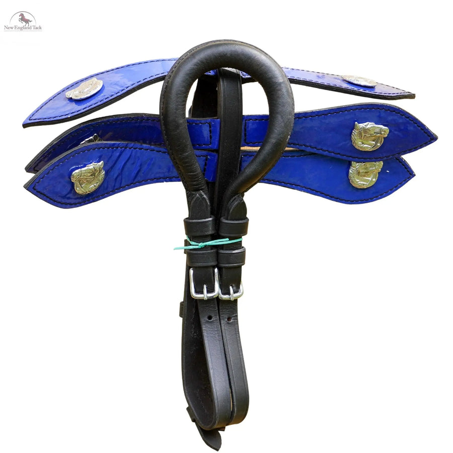 Black Horse Patent Leather Driving Harness Blue Trim Set Available In Miniature Small Pony Cob and Full Horse NewEnglandTack