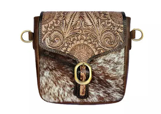 Handcrafted Hand Bag Gift For Her,  Western Brown Leather Purses For Cowgirl, Handmade Crossbody Floral Tooled Cowhide Satchel Bag - NewEngland Tack