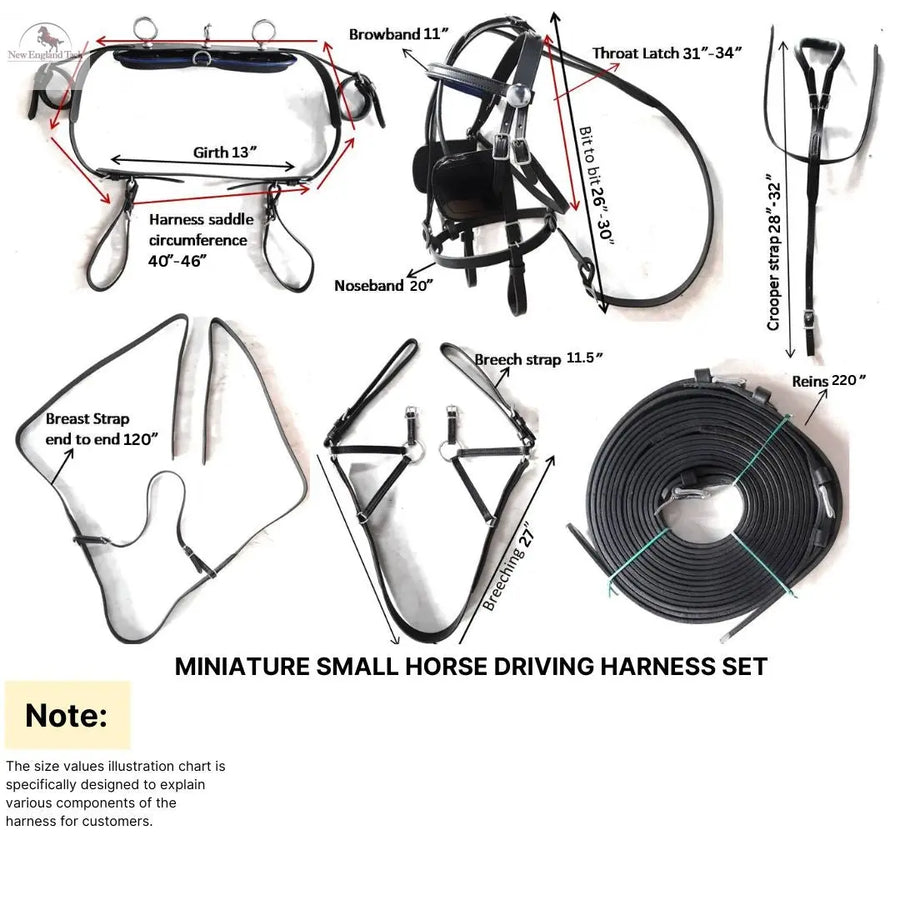 Miniature Horse Black Patent Leather Driving Harness with Red and White Trim NewEngland Tack