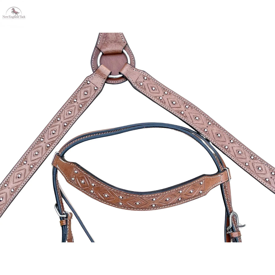 Premium Quality Western Headstall and Breast Collar Set - Leather - Horse Tack - Dark Brown Color With Silver Beads NewEngland Tack