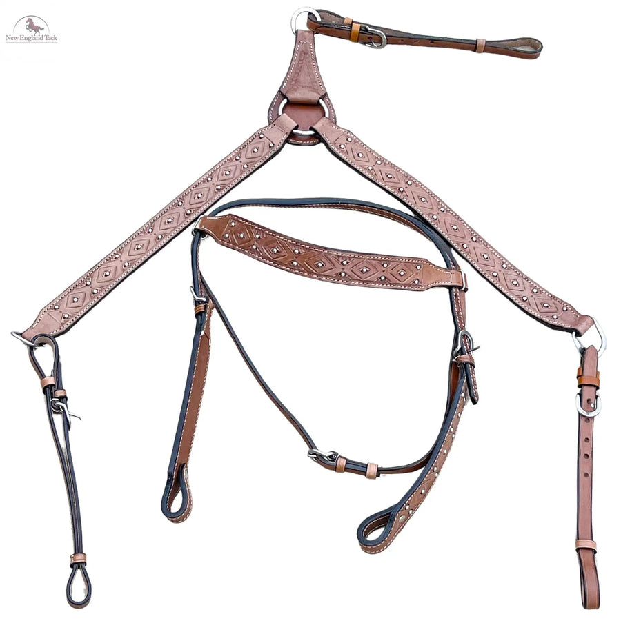 Premium Quality Western Headstall and Breast Collar Set - Leather - Horse Tack - Dark Brown Color With Silver Beads NewEngland Tack