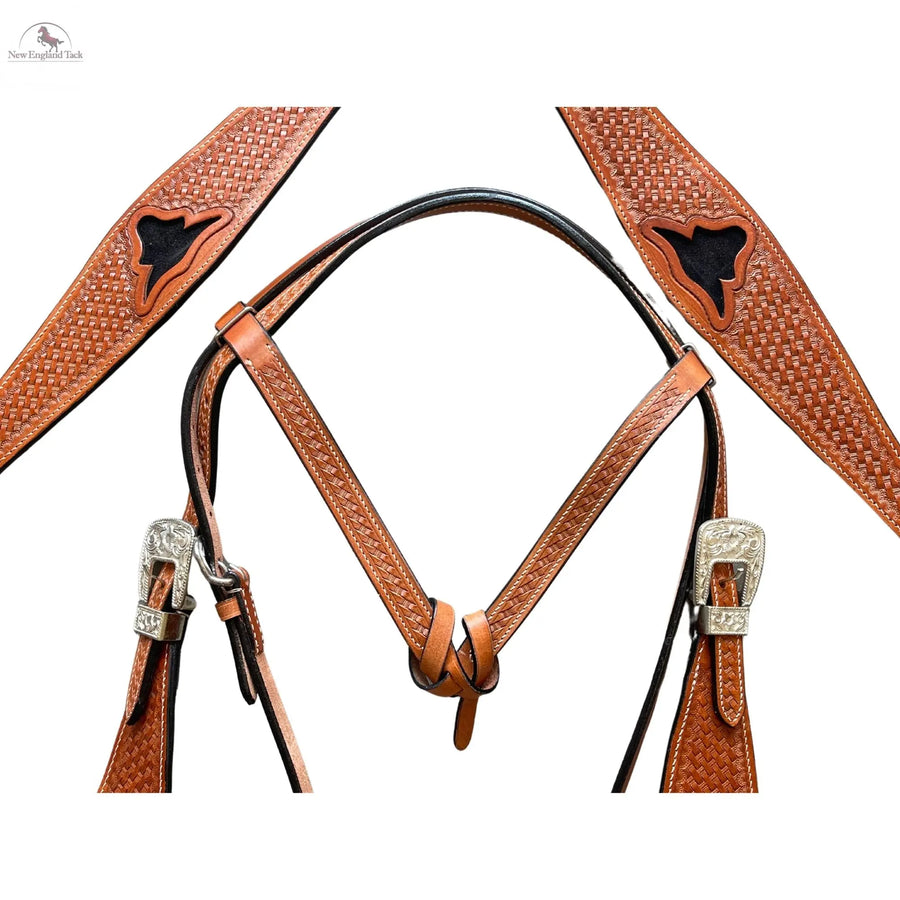 Premium Quality Western Leather Headstall Breast Collar Set Brown Basketweave & Horn NewEngland Tack
