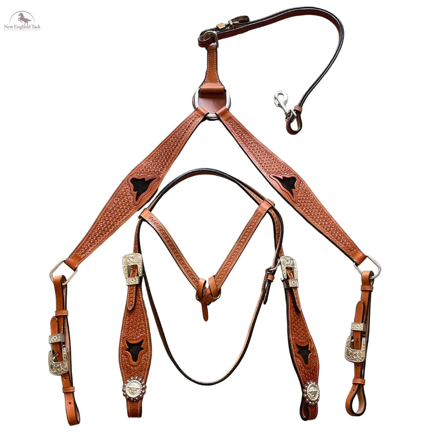 Premium Quality Western Leather Headstall Breast Collar Set Brown Basketweave & Horn NewEngland Tack