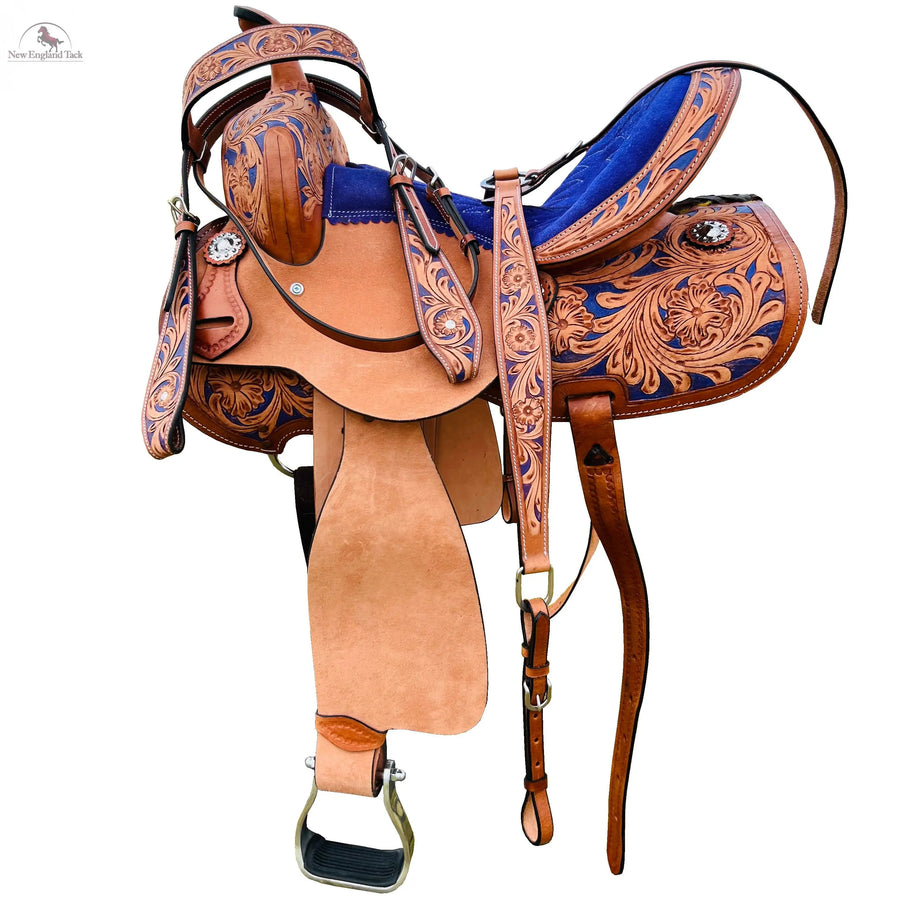 Resistance Adult Western Horse Barrel Saddle For Horse Riding | Floral Tooled With Silver Conchos | Genuine Leather 14" 15" 16" with Free Tack set NewEngland Tack