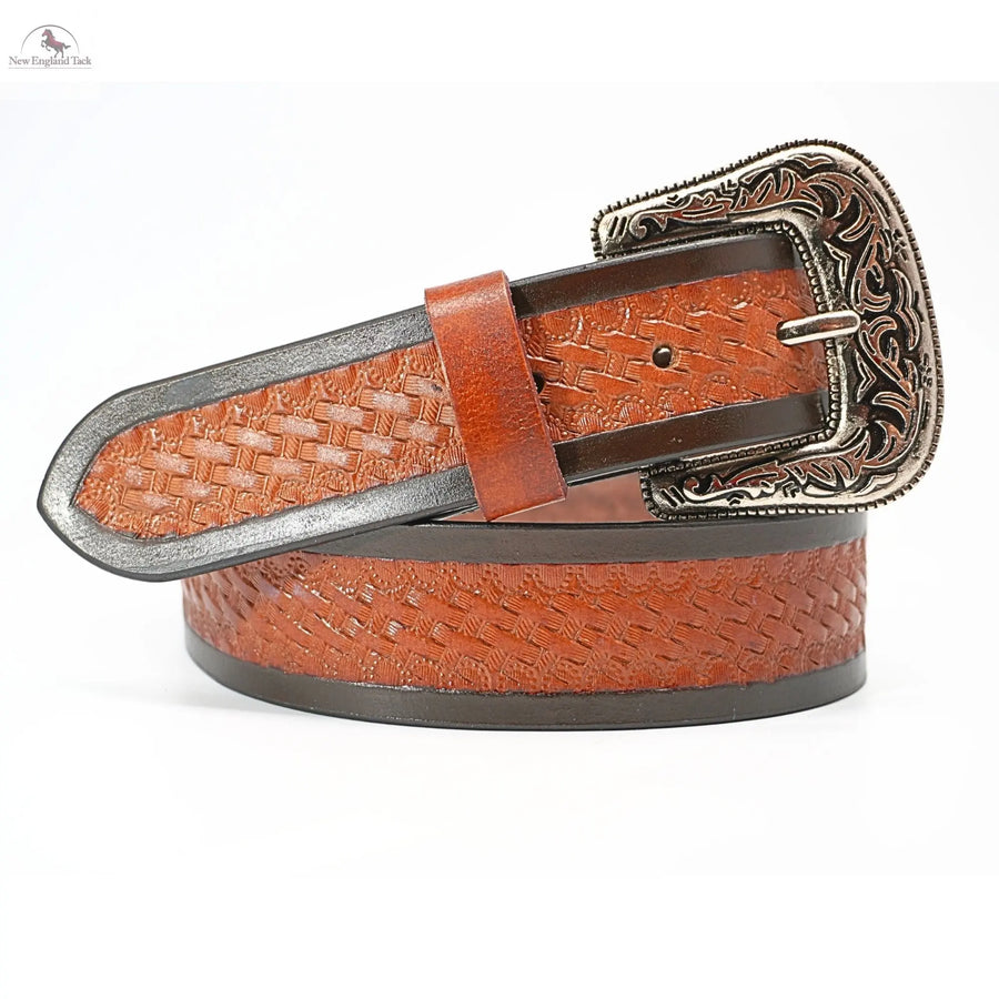 Resistance Basket Weave Tan Women's Cowgirl Cowboy Country Belt  With Floral Embossed Silver Buckle NewEngland Tack