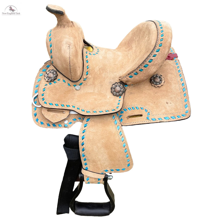 Resistance Rough Out Turquoise Backstitch western Barrel Saddle 8 inch New England