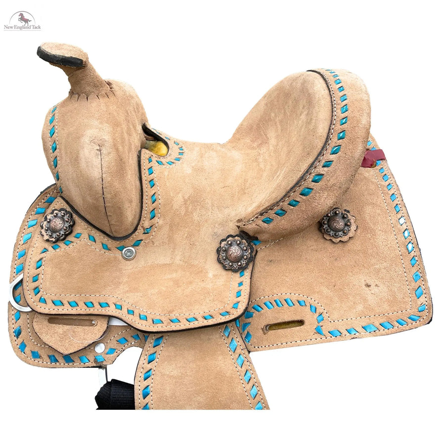 Resistance Rough Out Turquoise Backstitch western Barrel Saddle 8 inch New England