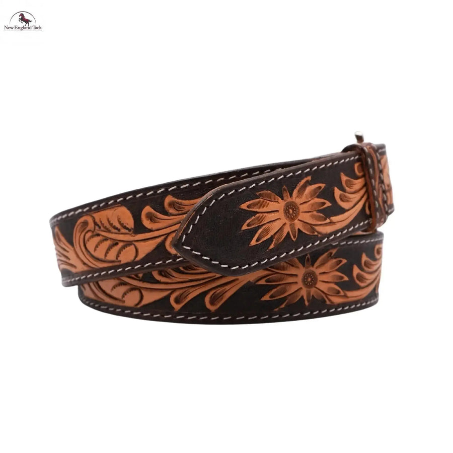 Resistance Western Cowgirl Cowboy Floral Tooled  Argentinian Leather Belt With Silver & Black Silver Buckle NewEngland Tack