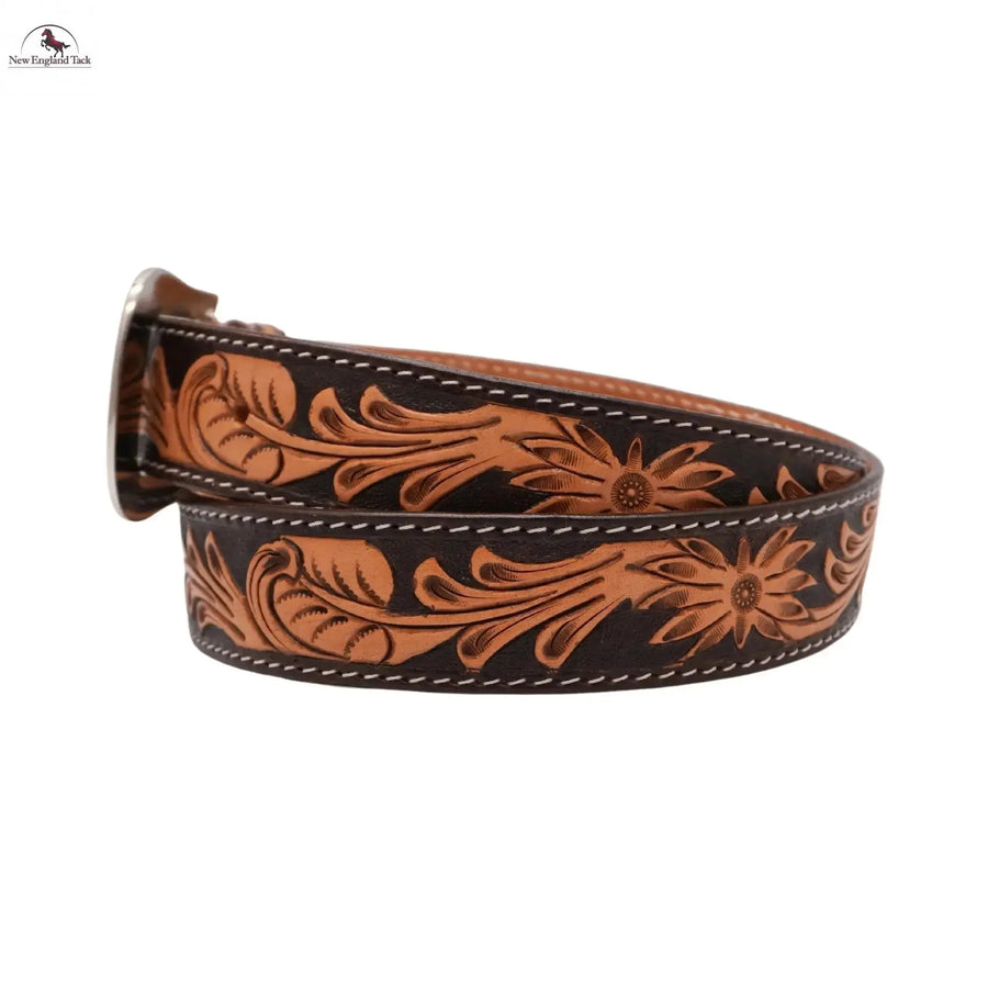 Resistance Western Cowgirl Cowboy Floral Tooled  Argentinian Leather Belt With Silver & Black Silver Buckle NewEngland Tack