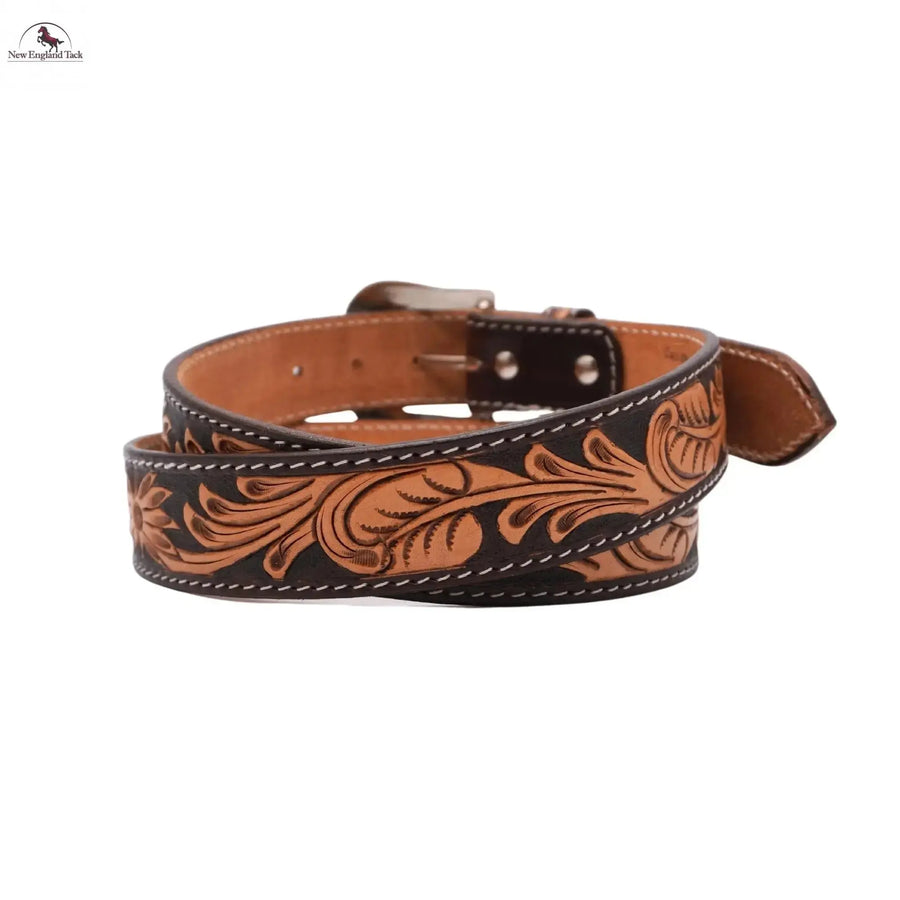 Resistance Western Cowgirl Cowboy Floral Tooled  Argentinian Leather Belt With Silver & Black Silver Buckle NewEngland Tack