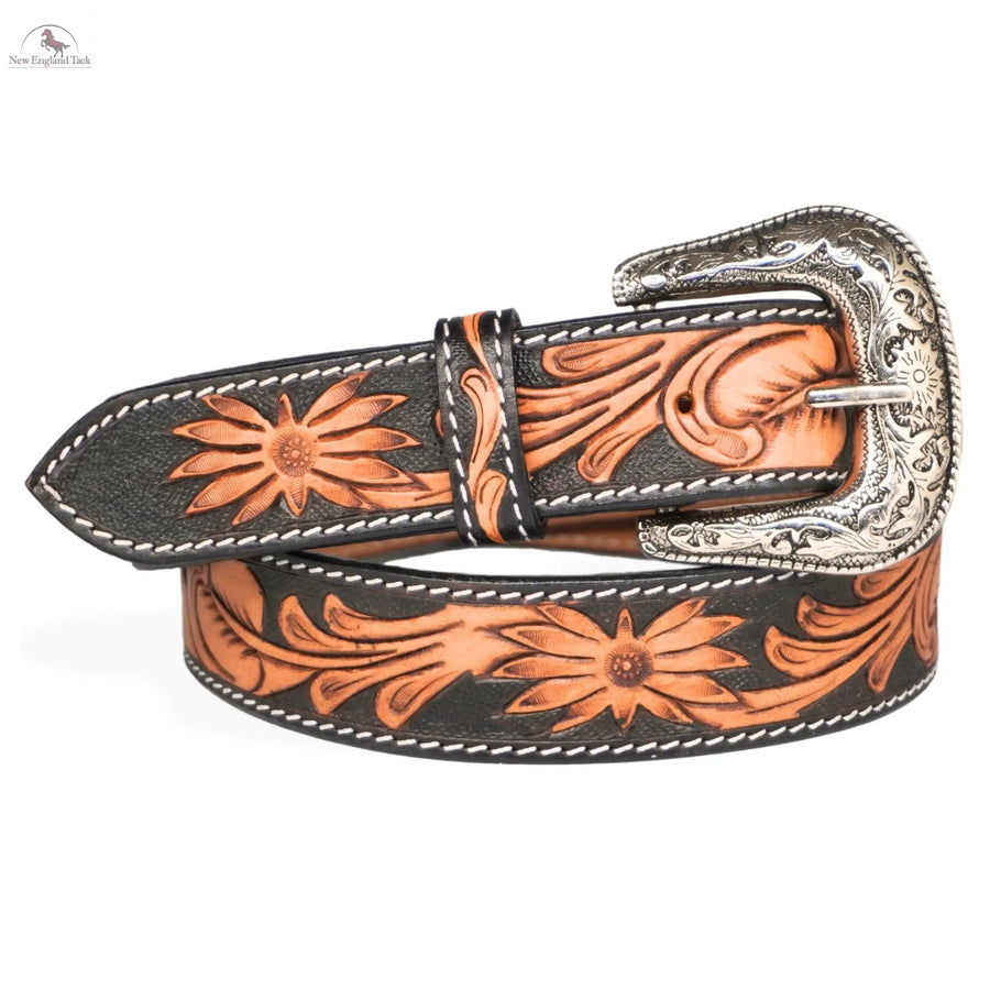 Resistance Western Cowgirl Cowboy Floral Tooled  Argentinian Leather Belt With Black Silver Buckle NewEngland Tack