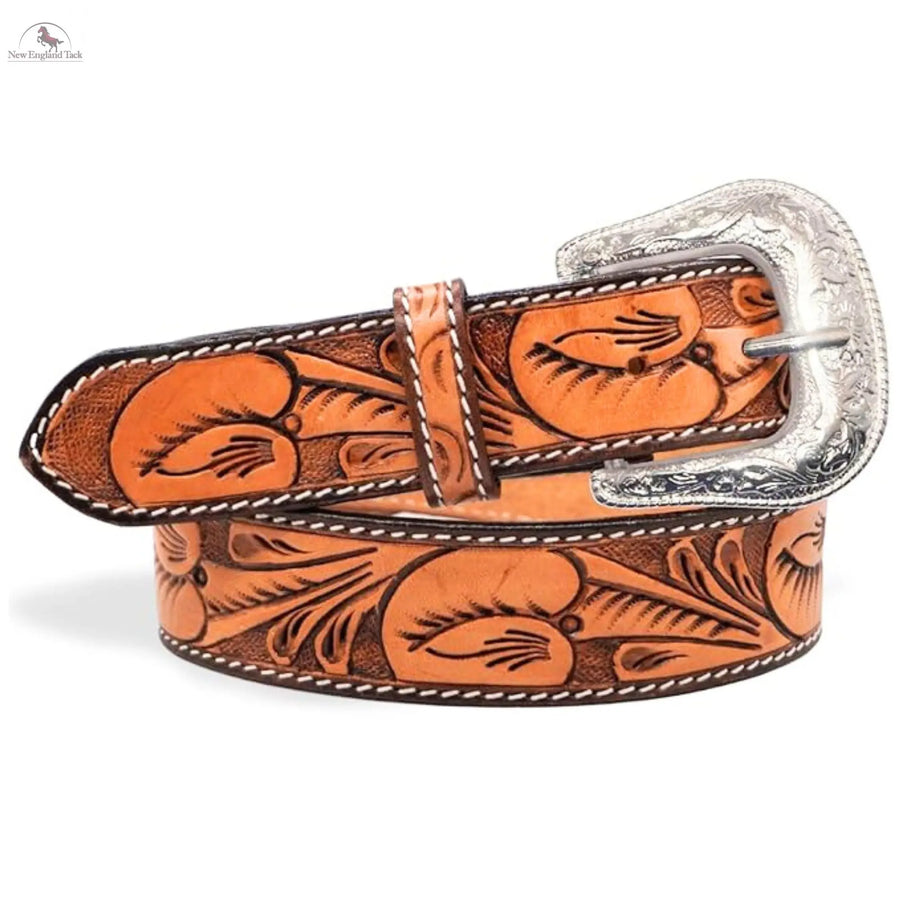 Resistance Western Cowgirl Cowboy Floral Tooled  Argentinian Leather Belt With Black Silver Buckle NewEngland Tack