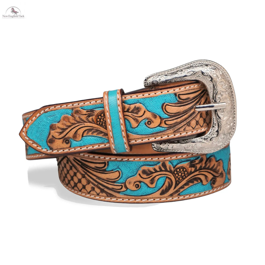 Resistance Western Cowgirl Cowboy Floral Tooled  Argentinian Leather Belt With Black Silver Buckle NewEngland Tack