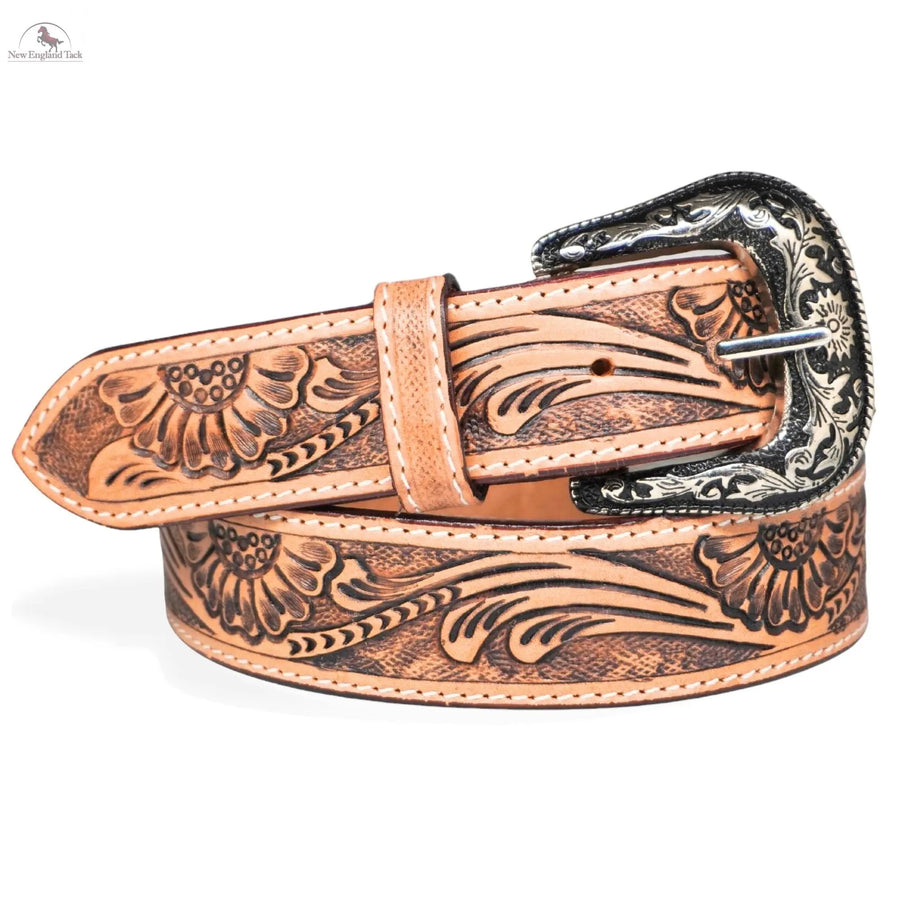 Resistance Western Cowgirl Cowboy Floral Tooled  Argentinian Leather Belt With Black Silver Buckle NewEngland Tack