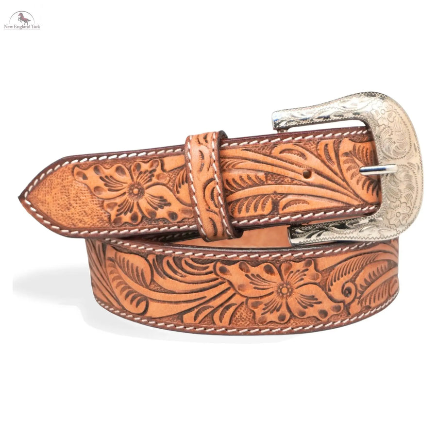 Resistance Western Cowgirl Cowboy Floral Tooled  Argentinian Leather Belt With Black Silver Buckle NewEngland Tack