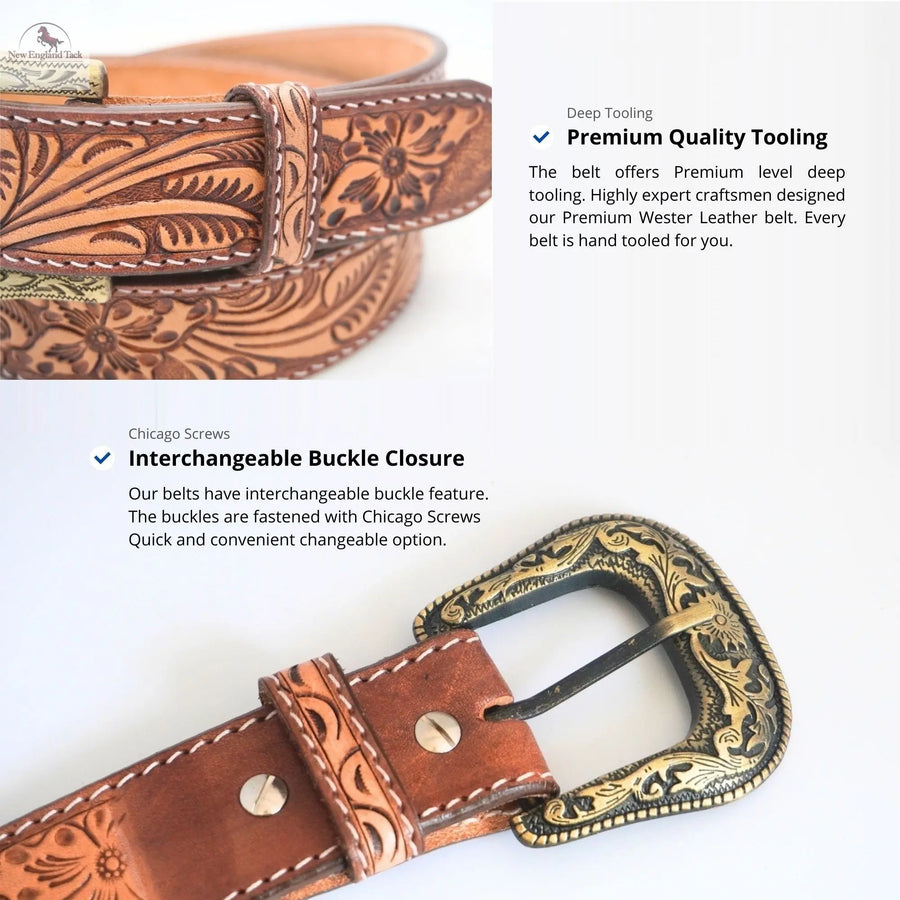 Resistance Western Cowgirl Cowboy Floral Tooled  Argentinian Leather Belt With Black Silver Buckle NewEngland Tack