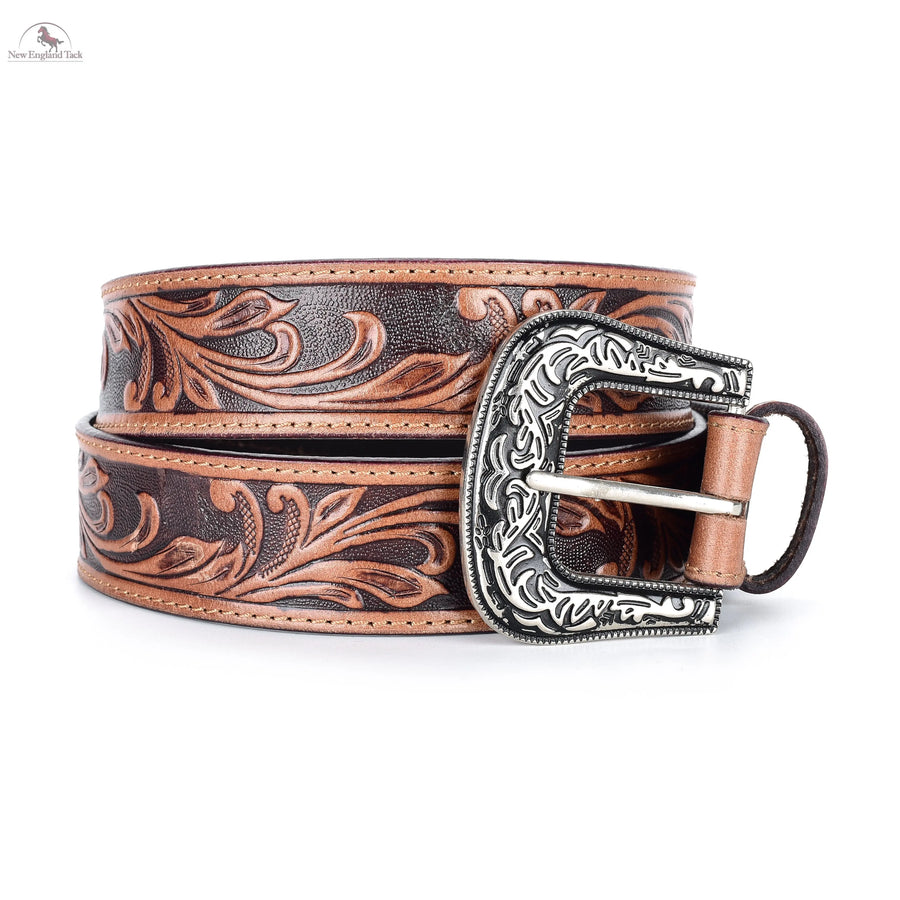 Resistance Women's Cowgirl Cowboy Country Belt  With Floral Embossed Brown-dark/Brown Floral Silver Buckle NewEngland Tack