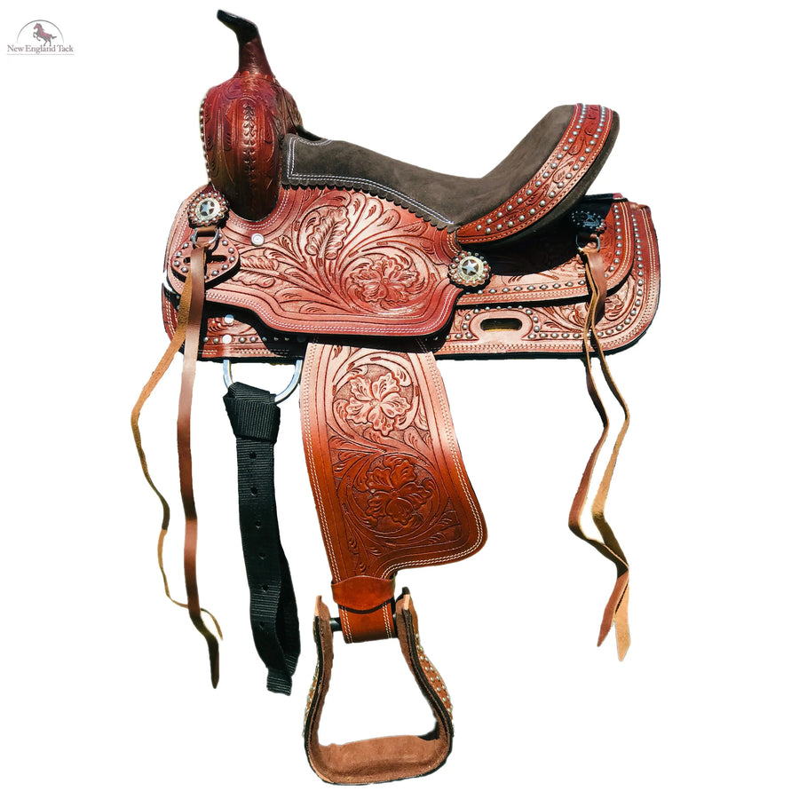 Resistance Youth/Pony Silver Dot Embellishment Western Trail Saddle With Floral Tooled Through Skirt & Fender NewEngland Tack