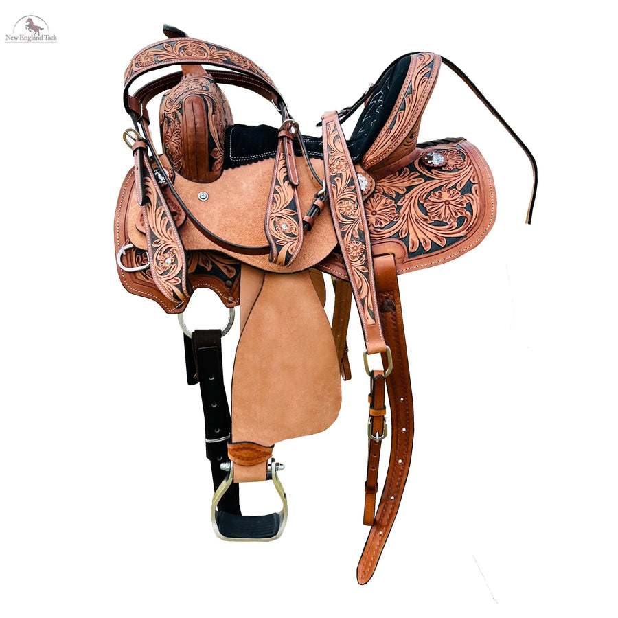 Resistance Youth Western Horse Barrel Saddle For Horse Riding | Floral Tooled With Silver Conchos | Genuine Leather 10" 12" 13" with Free Tackset NewEngland Tack