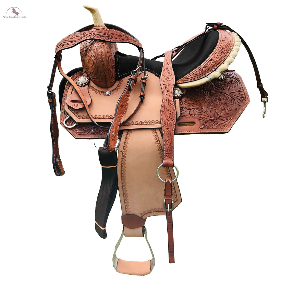 Resistance Youth Western Horse Barrel Saddle Horse Floral Tooled Leather 10" 12" 13" With Free Tack set NewEngland Tack